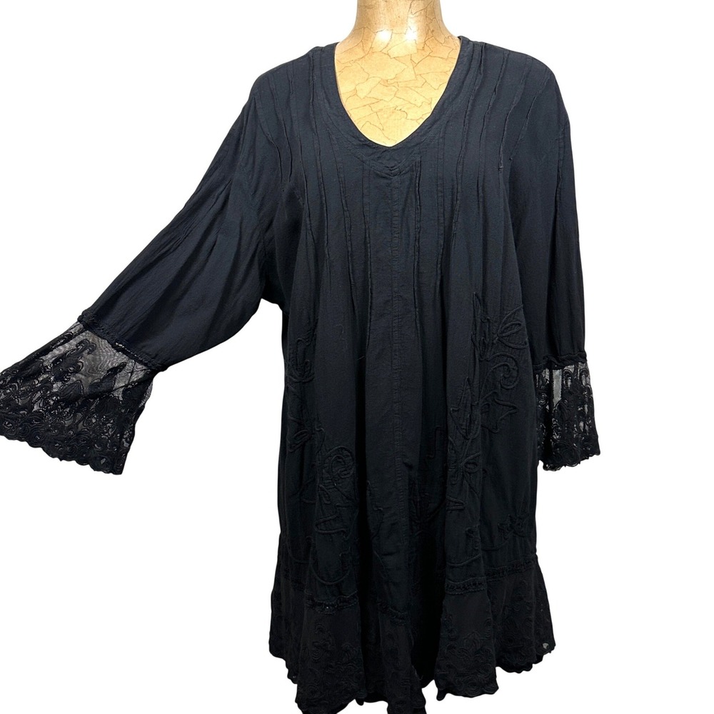 Gretty Zueger Black Cotton Embroidery Lace Tunic Dress Whimsigoth Witchy 1X Boho